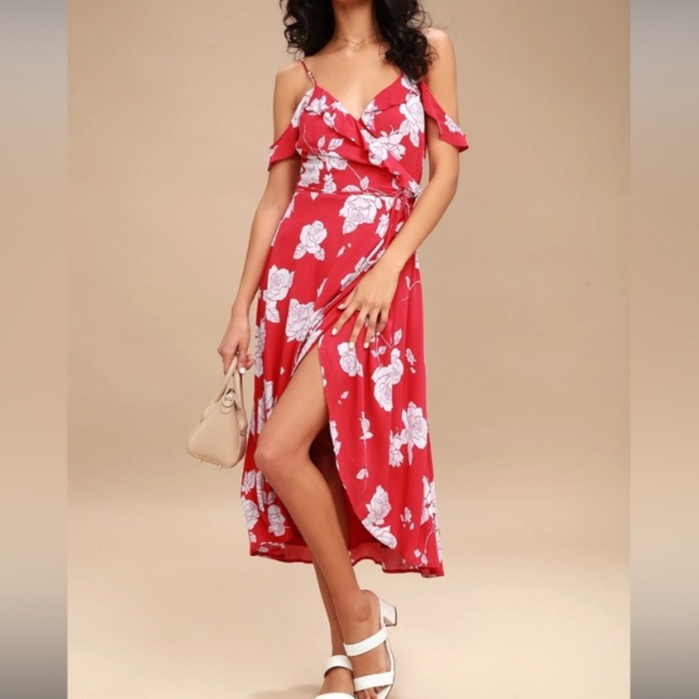NWT Lulus Bouquet Blooms Red Floral Print Off-the-Shoulder Wrap Dress - Picture 3 of 5